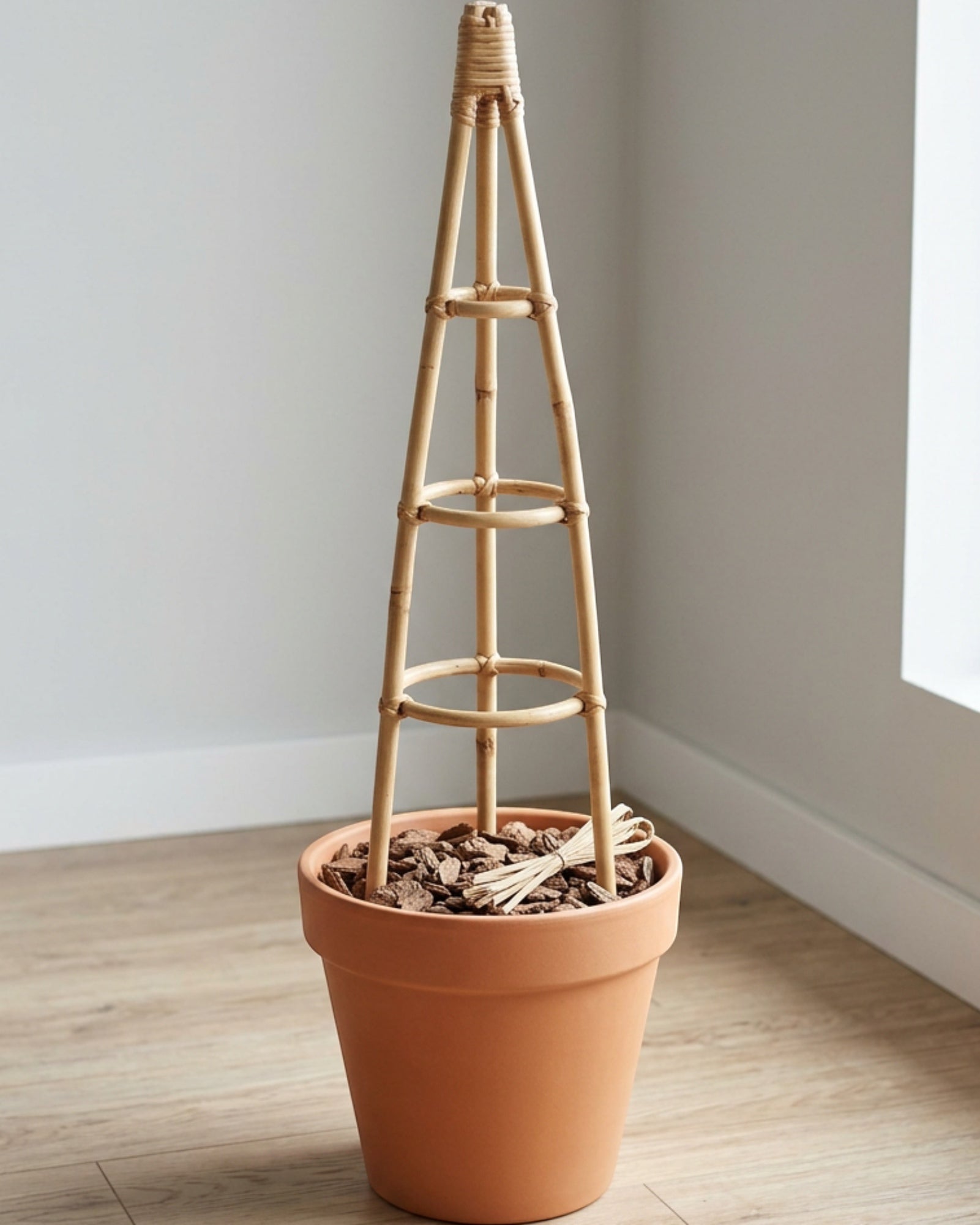 Ylvhg Three-Ring Rattan Obelisk Plant Support Natural 36 Inch - Lifestyle view